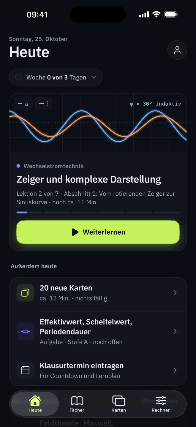 Startseite der App: Weiterlernen mit der Lektion „Zeiger und komplexe Darstellung“, darüber eine animierte Spannungs- und Stromkurve