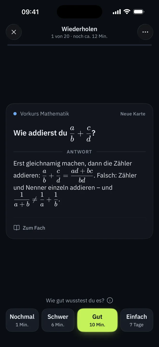 Aufgedeckte Karteikarte zur Bruchaddition mit den Bewertungen Nochmal, Schwer, Gut und Einfach
